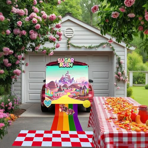 Halloween Car Trunk Decorations Set with Banner and Stickers - Candy Land Theme, Rainbow Road, Red White Cover, Girl's Party Supplies