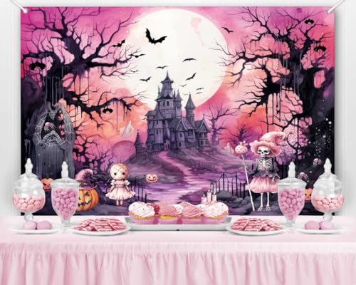 Pink Black Halloween Backdrop Banner 8x6ft for Party Photo Booth Decorations - Girls Kids - Pink Black / 8x6ft