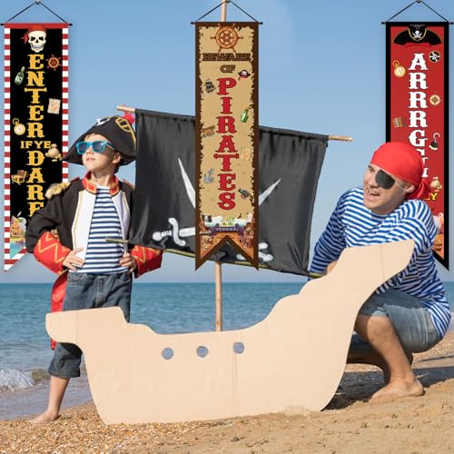 Pirate Party Decorations Banner Set - Beware of Pirates, Arrrggh Matey, Enter of Ye Dare - 3 Pieces, Pirate Theme Flags with Wooden Rod & Ribbons - Variation: 3 / Pirate