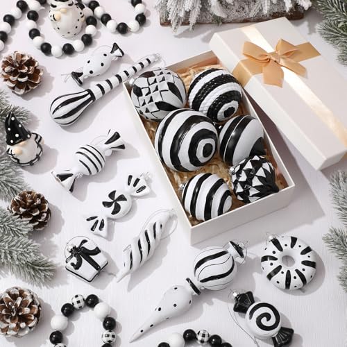 Black and White Christmas Ornaments Set of 48 Holiday Decor with Hand Painted Designs