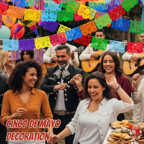 Mexican Party Decorations - Papel Picado Banner Set 131.2 Ft, 8 Designs - Bright & Reusable