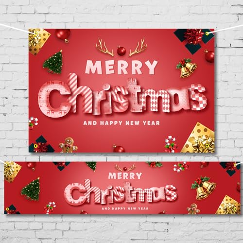 Christmas Party Banner and Backdrop Set Pink - Indoor & Outdoor Decoration with Ribbons - Variation of Christmas Red 2