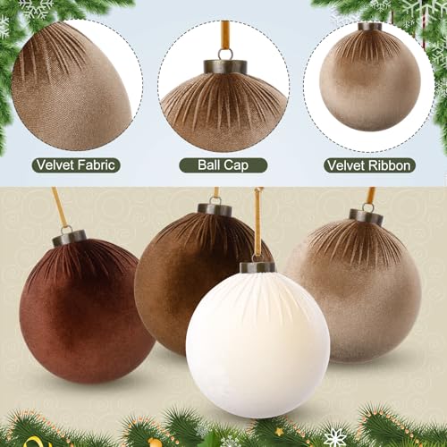 Velvet Christmas Ornaments Balls - 4 Inch Brown Shatterproof Holiday Decor - Set of 12