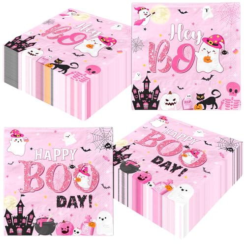 Pink Halloween Ghost Party Napkins 48pcs - Boo Day Birthday Decorations