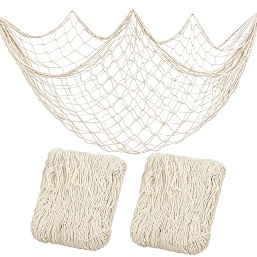 Beach Ocean-Themed Decorative Fish Net 80x40 Inch for Party & Home Decor - Beige 2PCS