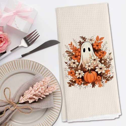 Halloween Fall Kitchen Towels with Rustic Floral Pumpkin Ghost Design - Section 9 - 16x24 Inch