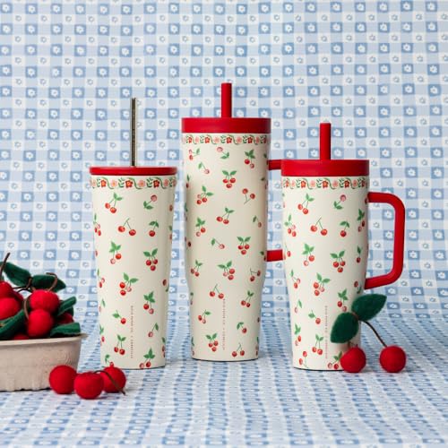 Corkcicle Cold Cup Tumbler with Straw 24oz Rifle Paper Co. Cherries Design