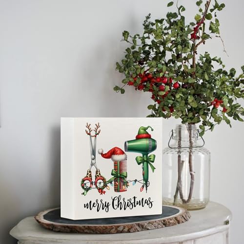 Christmas Salon Hair Wooden Sign - Barber Shop Decor, Gift, 5x5 Inch - Holiday Home Office Shelf Decoration