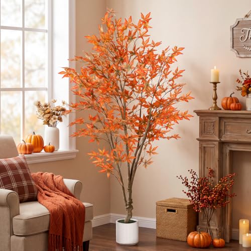 6FT Artificial Maple Tree with Pot - Fall Orange Leaves Indoor Outdoor