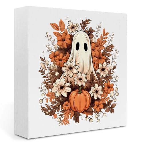 Ghost Halloween Wooden Sign - Spooky Floral Ghost Wooden Box Decor - Variation of Ghost Flower