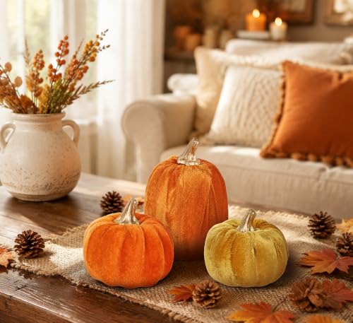 Artificial Mini Velvet Pumpkins Fall Decor - Orange Series, 3 Pack, Autumn Harvest Table Centerpieces