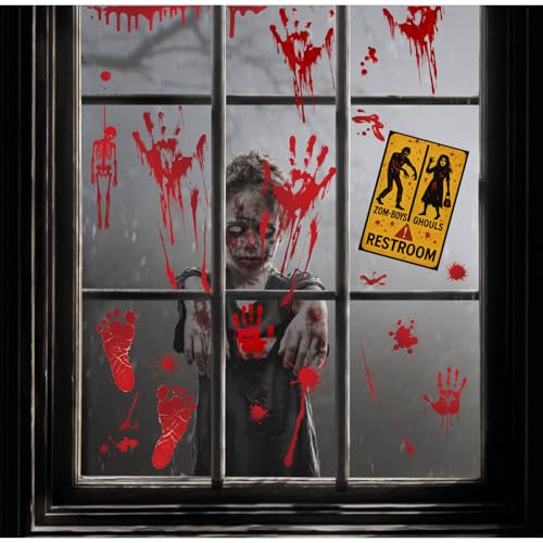 Halloween Window Clings - Bloody Handprints, Ghosts & Zombies, 119 Pcs with Bloody Footprint Variation