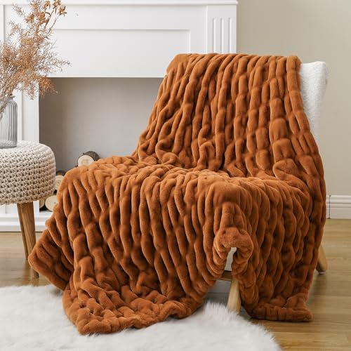Orange Faux Fur Throw Blanket - 50x60 Inch Double-Sided Cozy Couch Decor