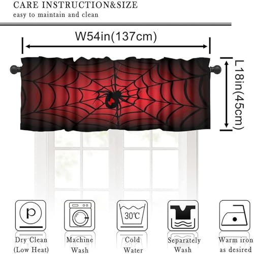 Halloween Kitchen Valances - Red & Black Spider Web Window Curtains, 54x18 Inches, Small Window Treatment, Rod Pocket Design