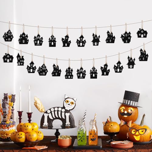 Halloween Haunted House Wooden Hanging Ornaments Set - 36pcs with Ropes - Spooky Decor