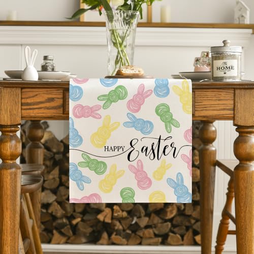 Colorful Bunny Easter Table Runner 13x90 Inch Seasonal Spring Kitchen Decor