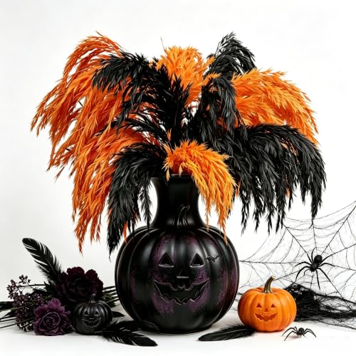 Black and Orange Pampas Grass for Halloween Decorations - 17 Inches
