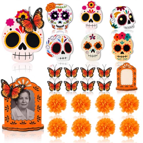 Day of the Dead Ofrenda Decorations Kit - 23 Pcs Memorial Altar Set with Sugar Skulls & Marigolds