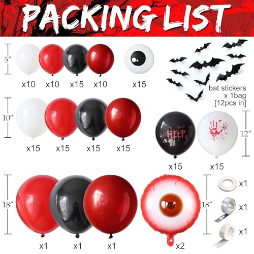 Halloween Balloon Arch Kit with Bloody Handprints & Bats - Red, Black, White, 159 Pcs