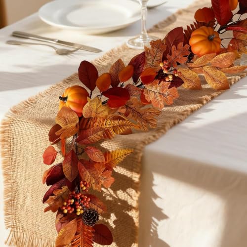 Fake Pumpkin & Maple Leaves Fall Garland with Lights - 1 Piece Autumn Decor for Mantle & Porch