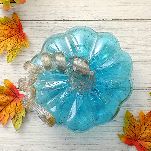 Glitzhome Hand Blown Glass Pumpkin Decor - 5 Inch Blue Fall Centerpiece