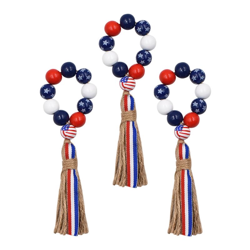 Patriotic Wood Bead Napkin Rings Set of 6 - Independence Day Home Decor