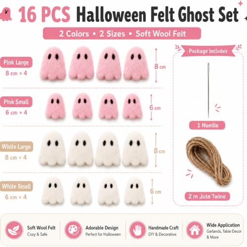 Halloween Felt Ghost Garland Set - Pink & White 6.5 ft Decorations for Parties & Home