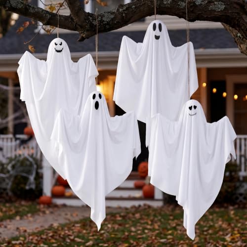Halloween Flying Ghost Decorations Set - 4 Cute Hanging Ghosts for Yard & Party