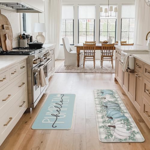 Hello Pumpkin Fall Kitchen Mats Set of 2 - 17x29 & 17x47 Inches, Blue