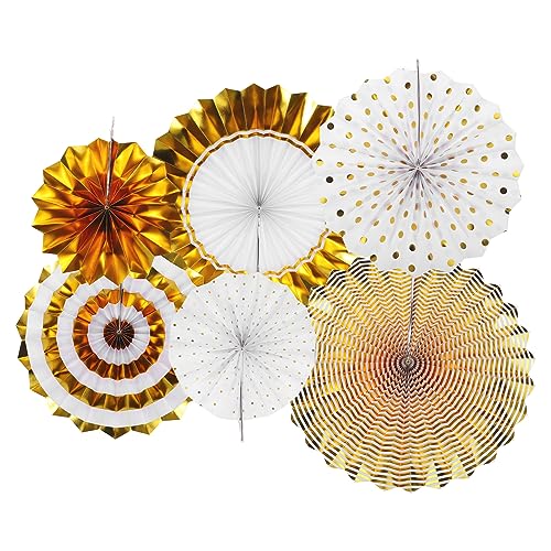 Hanging Paper Fans Party Decor Set 6Pcs Gold White Round Pattern for Events & Celebrations