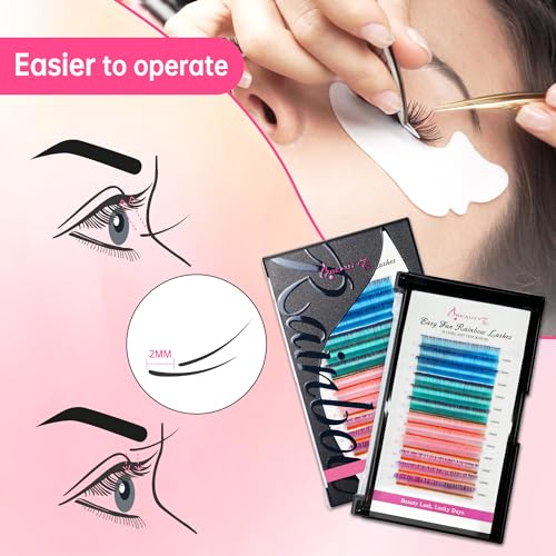 Rainbow Colored Lash Extensions Self Fanning D Curl 0.07mm Thick Mixed Length 12-16mm - Easy Fan Lashes for Eye Makeup