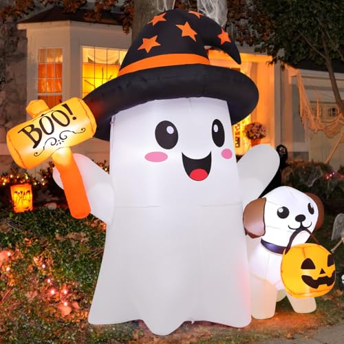 Halloween Inflatable Ghost and Puppy Set with LED Lights - Outdoor Yard Decor