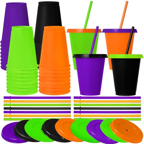 Halloween Color Plastic Cups with Lids and Straws - 16oz, 16 Pack