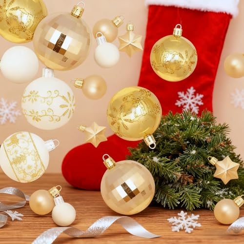 Christmas Ball Ornaments Set - Gold & White 44 pcs Holiday Tree & Wreath Decorations