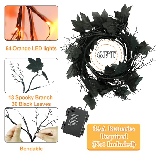 LED Willow Vine Garland with Orange Lights - Halloween Indoor Decor, 6Ft, 54 Lights, 8 Modes & Timer