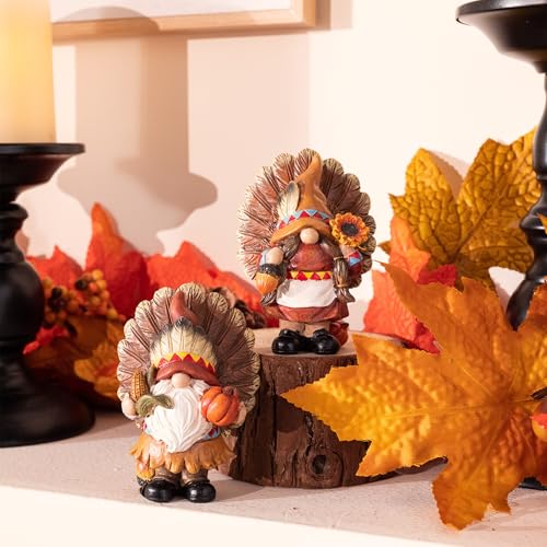 Medium Fall Gnome Decorations for Home Thanksgiving Decor Set - Indian & Turkey Figurines