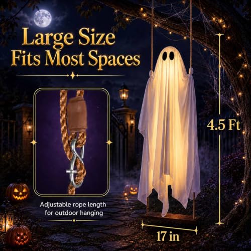 Large 4.5FT Hanging Ghost Swing Halloween Decor with Remote & Adjustable Ropes