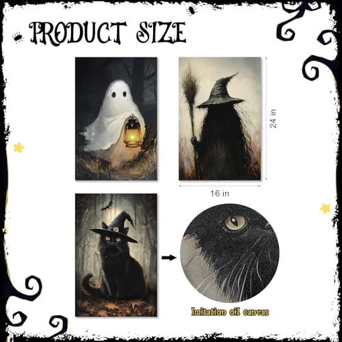 Halloween Wall Art Canvas Set - 3 Large Spooky Witch Ghost Black Cat Posters