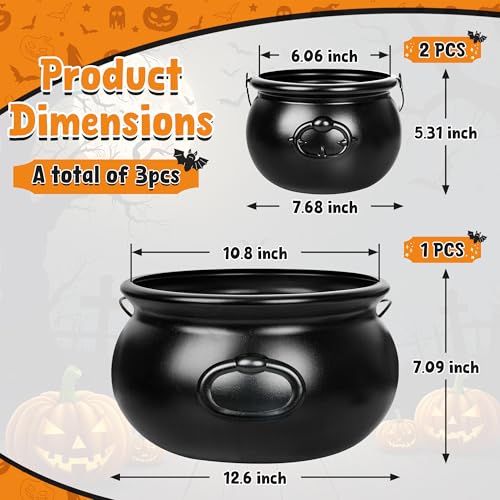 3 Pack Halloween Cauldron Set - Black Plastic Witch Cauldrons for Party Decor