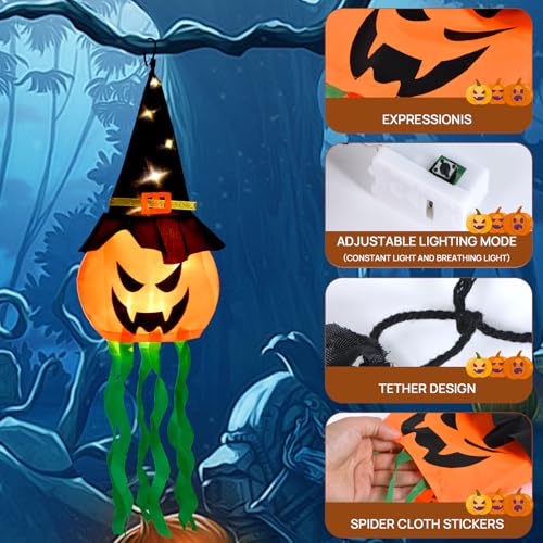 Halloween Glowing Pumpkin Witch Hat Decorations Set - 4 Pack with 3 Light Modes