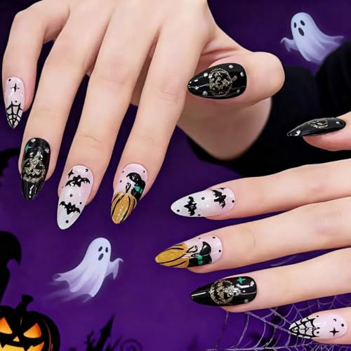 Halloween Almond Press-On Nails Black White Bats Spooky Vibes S