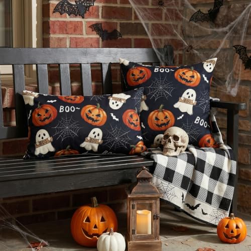 Black Halloween Ghost Throw Pillow Covers 20x20 Set of 2 - Spooky Cushion Decor