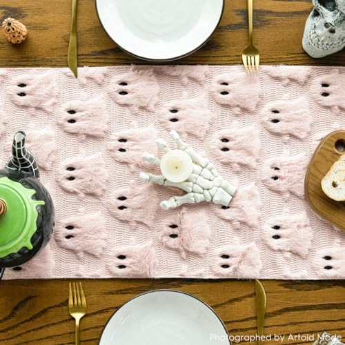 Pink Faux Fur Ghost Halloween Table Runner 13x72 Inch - Artoid Mode
