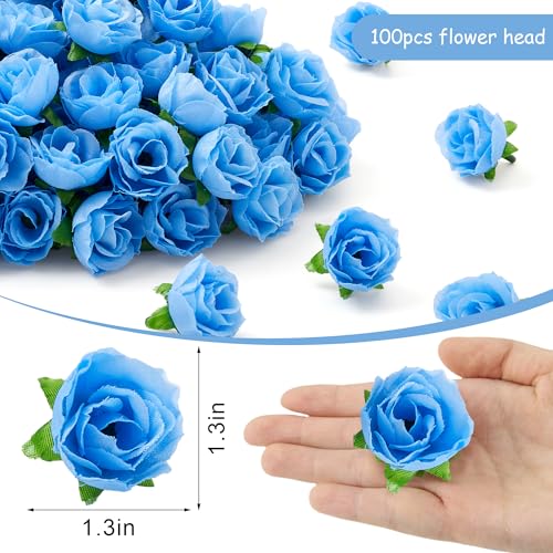 Light Blue Artificial Rose Heads 1.3 Inch Mini Fake Flowers for DIY Decor - 100Pcs