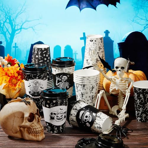 Halloween Disposable Coffee Cups with Skeleton Design - Black & White, 48 Pack - Skeleton Variation