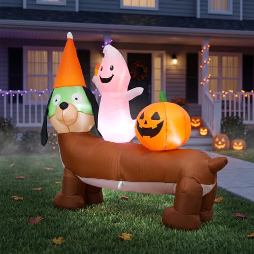 5FT Halloween Inflatable Dachshund and Ghost Yard Decoration - Waterproof & Easy Setup