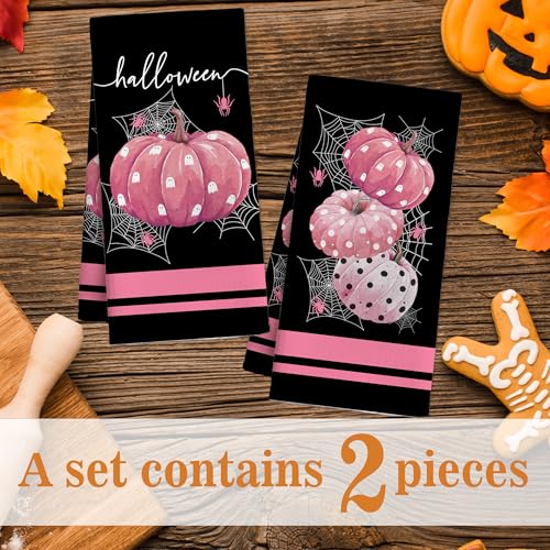 Halloween Kitchen Towels Set of 2 Pink Pumpkin and Spider Web Design - Creative Gift for Halloween