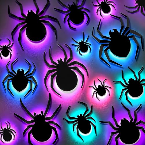 DIYASY 36-Piece Multicolor Halloween Lighted Spider Wall Decor - 3D Light Up Spider Set