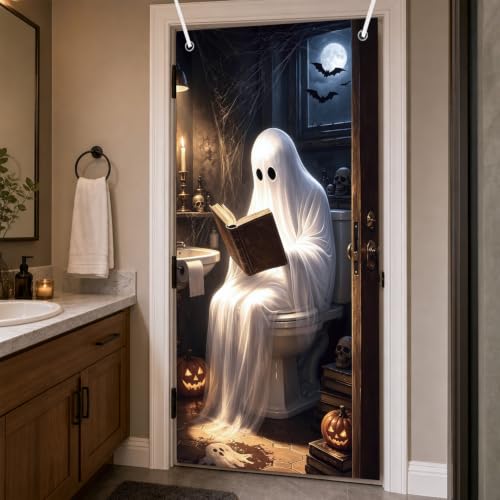 Halloween Door Cover Decorations - Ghost Bathroom Theme, 3x6 Ft - Funny Ghost Toilet Backdrop for Home & Office, Ghost Pumpkins Halloween Decor - Variation: Ghost Bathroom