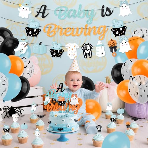 Halloween Baby Shower Decorations Set with Banners Balloons and Cake Toppers